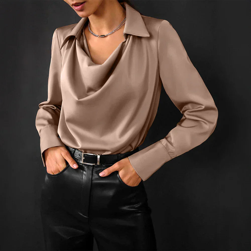 White silky satin long sleeve blouse for women, sophisticated drape neck, versatile and elegant formal top.