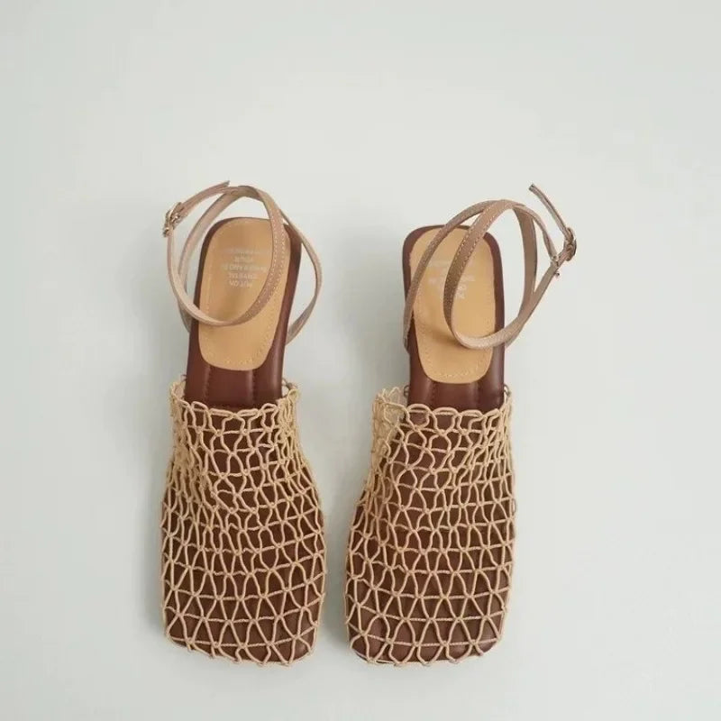 Elegant brown sculpted square-toe mesh heels for women with ankle strap, side view