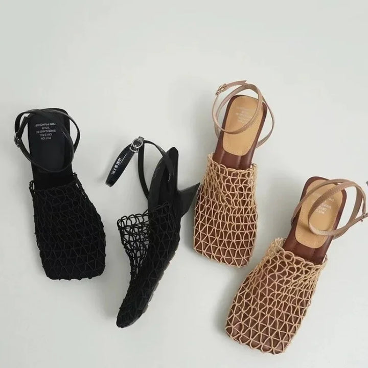 Women's brown mesh heels with unique sculpted square toe and secure ankle strap
