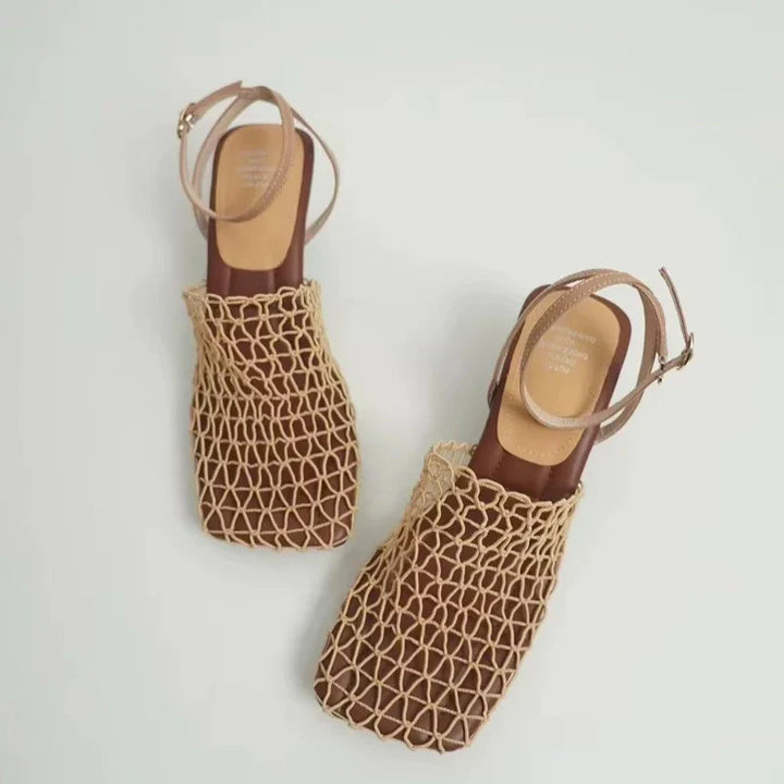 Brown square-toe mesh heels for women, showcasing the comfortable heel design