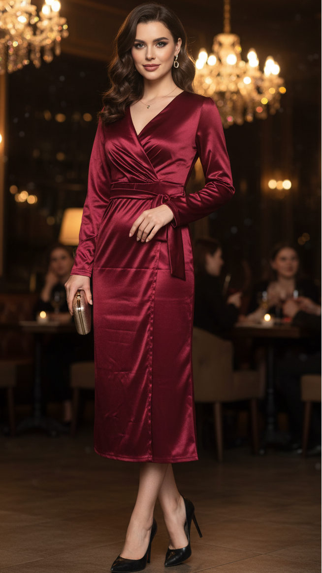 Elegant burgundy women's spring wrap midi dress, perfect for evening wear or formal party, comfortable fit.
