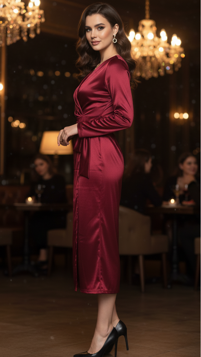 Women's midi wrap dress in rich burgundy, ideal for spring evening events, embodying elegant party fashion.