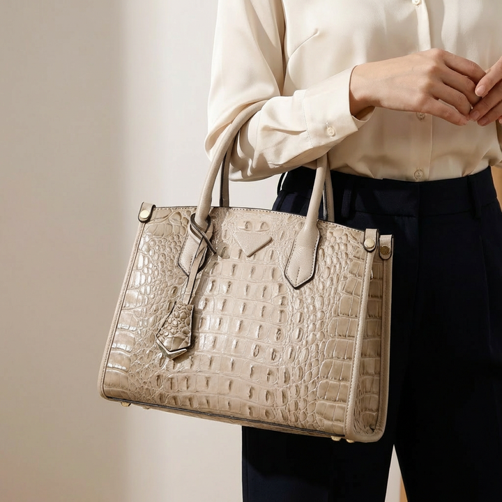 Close-up of the luxurious croc-embossed pattern on an elegant women's handbag