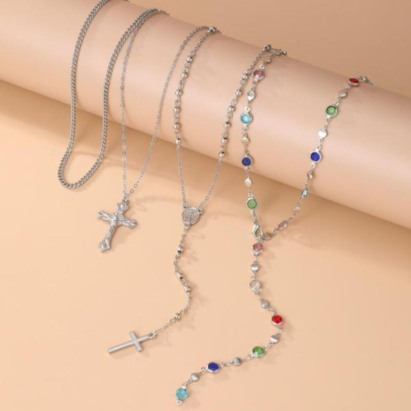 Stunning women's silver layered necklace with a unique cross pendant, ideal for any elegant occasion.