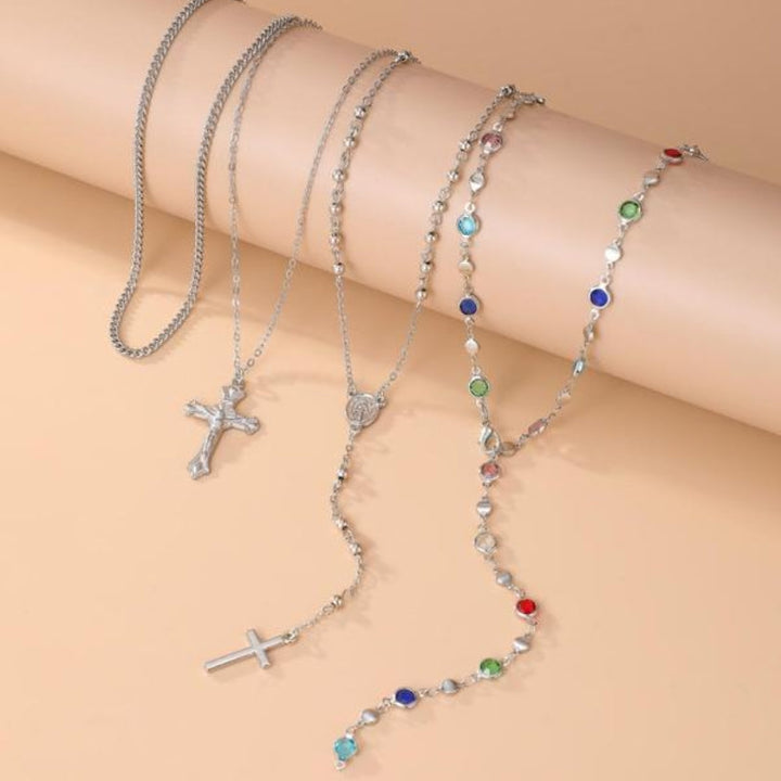 Stunning women's silver layered necklace with a unique cross pendant, ideal for any elegant occasion.