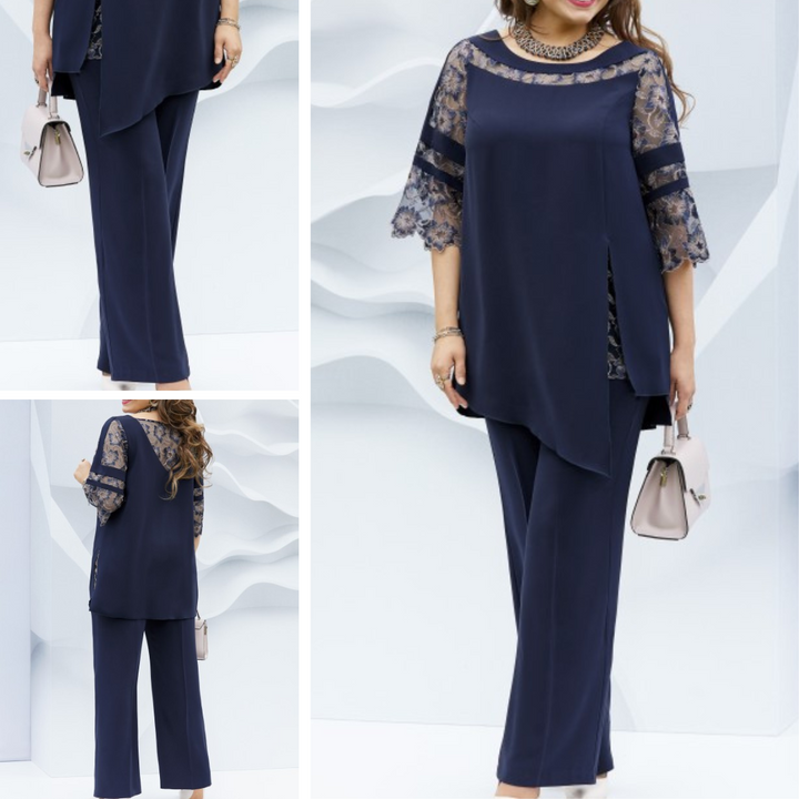 Chic dark blue women's co-ord set with a stylish blouse & comfortable trousers. Ideal for versatile spring/summer fashion.