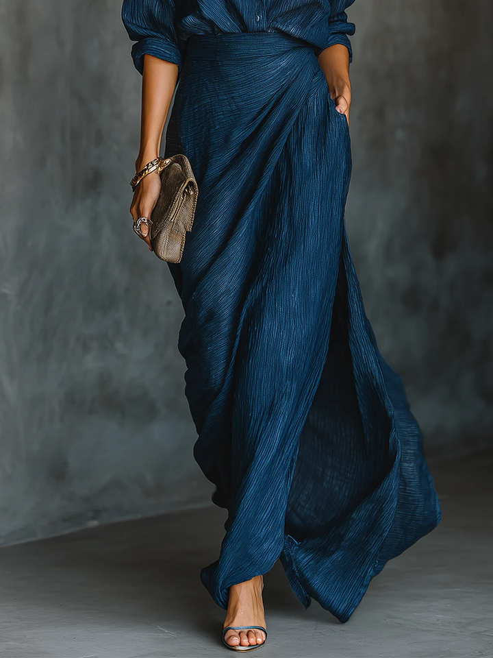 Women's dark blue long sleeve wrap top & elegant high-waist maxi skirt matching set, perfect for casual chic fashion.