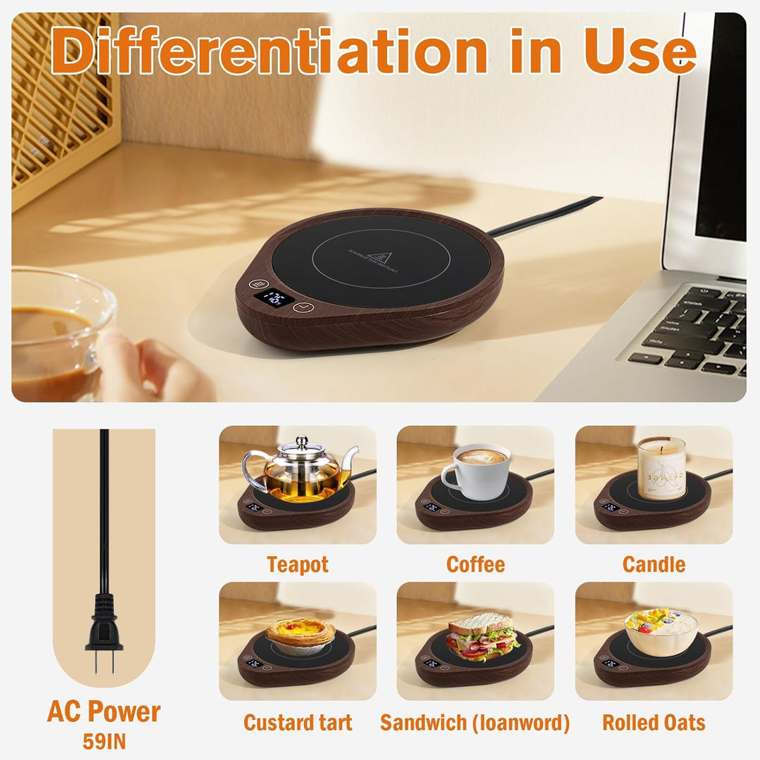Elegant electric coffee mug warmer set featuring a touch control panel, adjustable temperature, and a large heating plate.