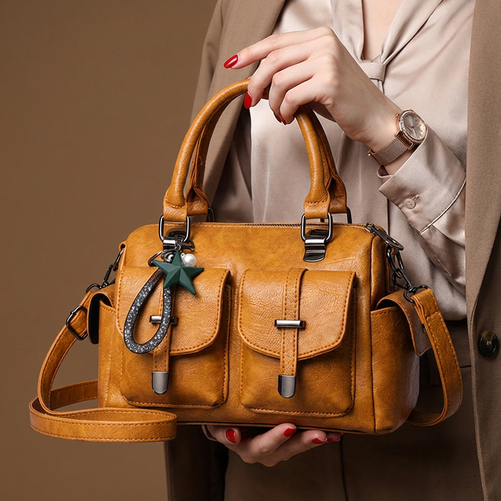 Sophisticated brown faux leather handbag for women, featuring a secure zip closure, ideal for evenings.