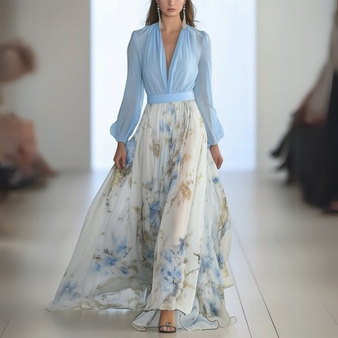 Elegant floral V-neck maxi dress for women, perfect for summer. Features a vibrant, eye-catching print.