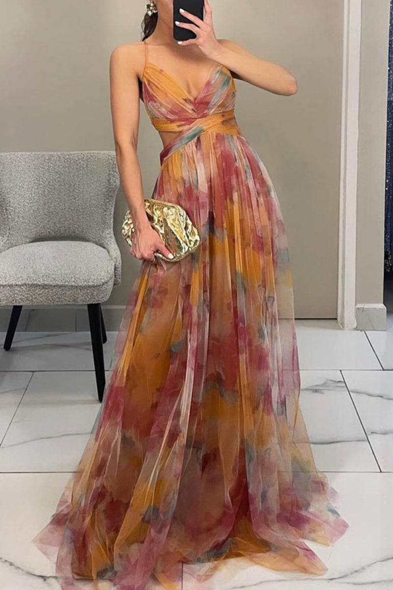 Elegant floral wrap maxi dress with V-neck, perfect for wedding guests & special occasions.