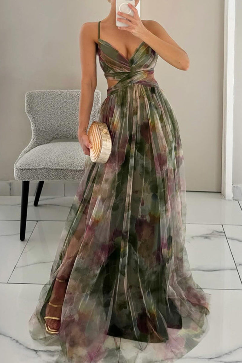 Sleeveless V-neck floral wrap maxi dress with elegant pleats, ideal for summer wedding guests.