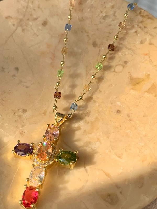 Stylish women's elegant cross pendant necklace, gold plated with dazzling cubic zirconia detailing
