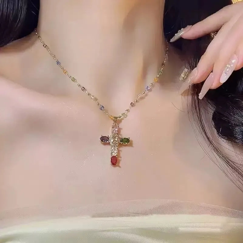 Women's elegant cross charm necklace with gold plating and sparkling cubic zirconia, a fashion accessory