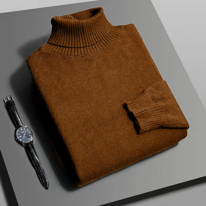 Soft knit high-neck sweater for women in a neutral color, ideal for elegant winter and autumn fashion outfits.