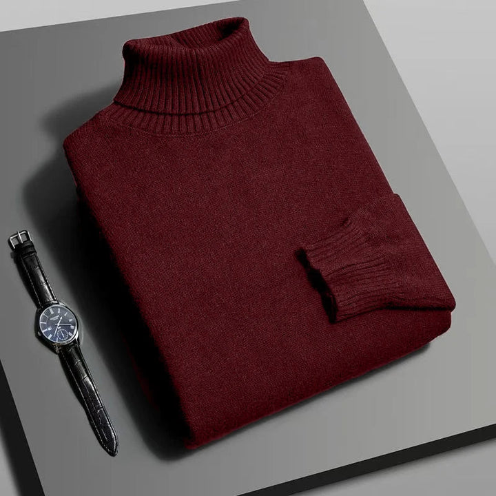 Close-up of the elegant high-neck detail on a women's knit sweater, showcasing the soft fabric and classic style.