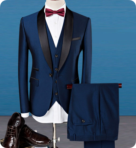 Dark brown 3-piece men's suit, includes vest & pants, with black shawl lapel, ideal for elegant formal occasions.