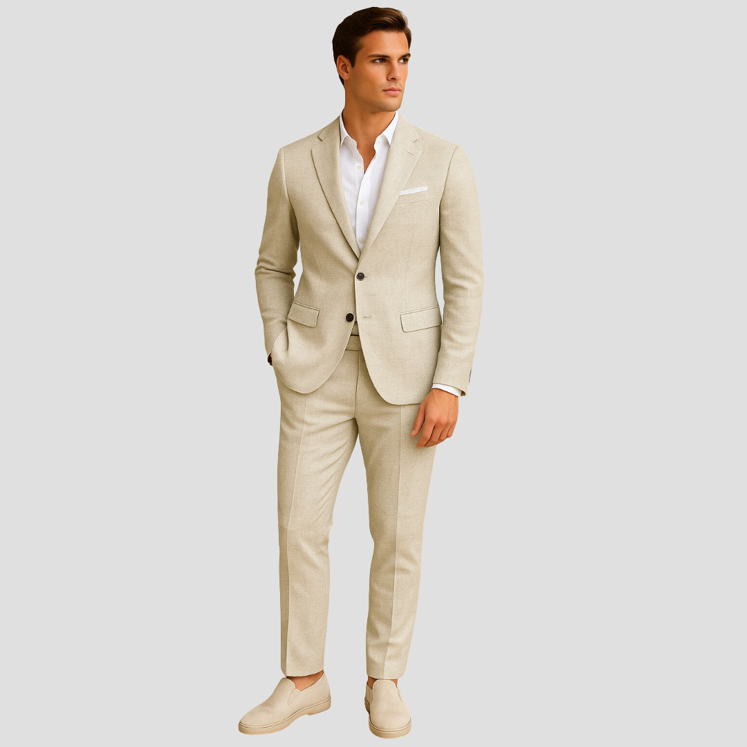Elegant men's two-piece summer suit with lightweight blazer & tailored trousers, perfect for warm weather events.