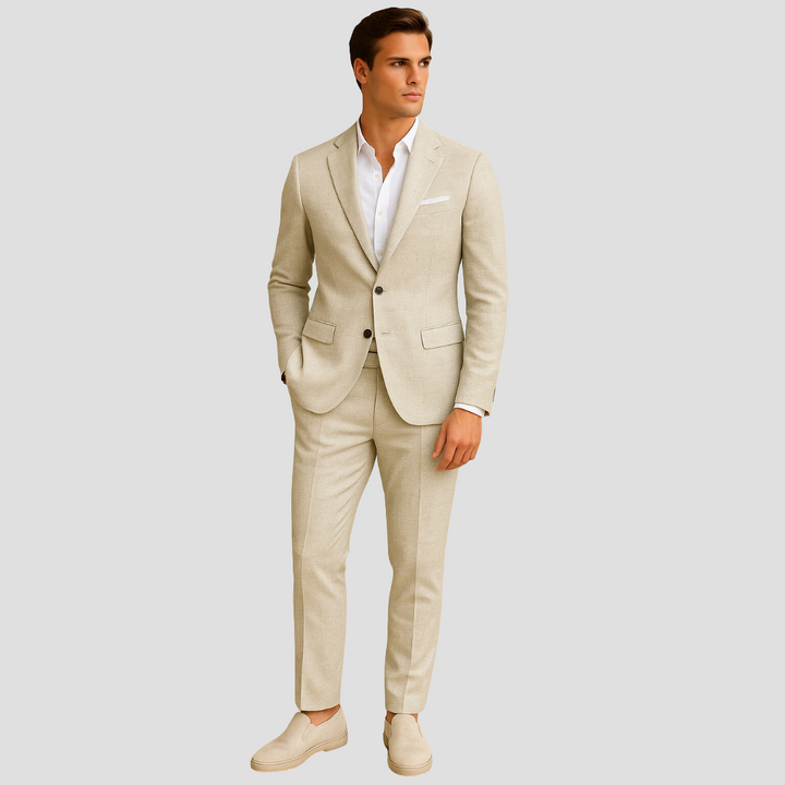 Elegant men's two-piece summer suit with lightweight blazer & tailored trousers, perfect for warm weather events.