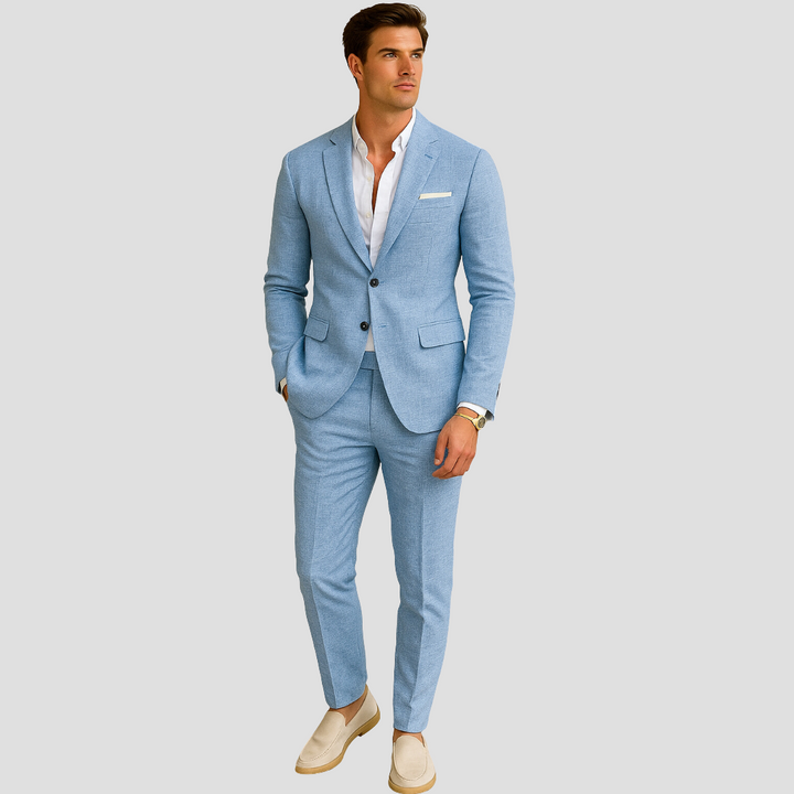 Sophisticated men's summer suit: breathable two-piece blazer & tailored trousers for warm weather formal occasions.