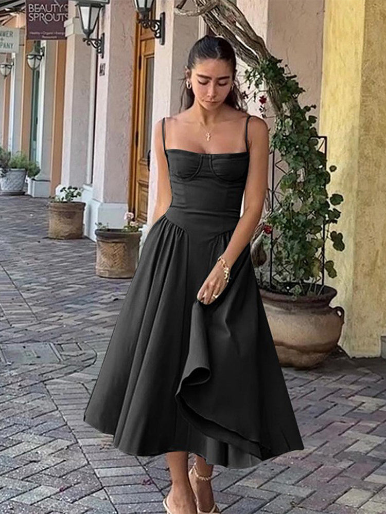 Elegant women's pleated midi evening dress for special occasions. Perfect for formal events & parties.