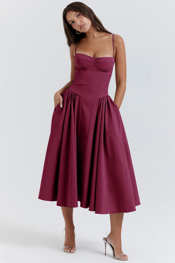 Elegant women's midi evening dress with beautiful pleats, a perfect choice for any special occasion.