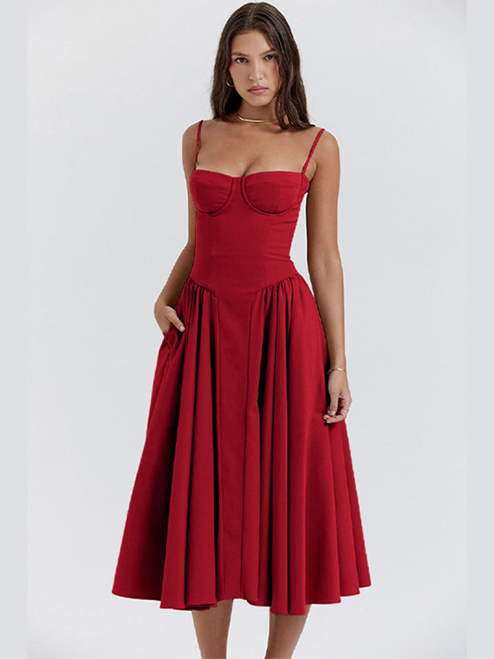 Chic midi evening dress, pleated design, ideal for formal wear, summer parties, and special occasions.