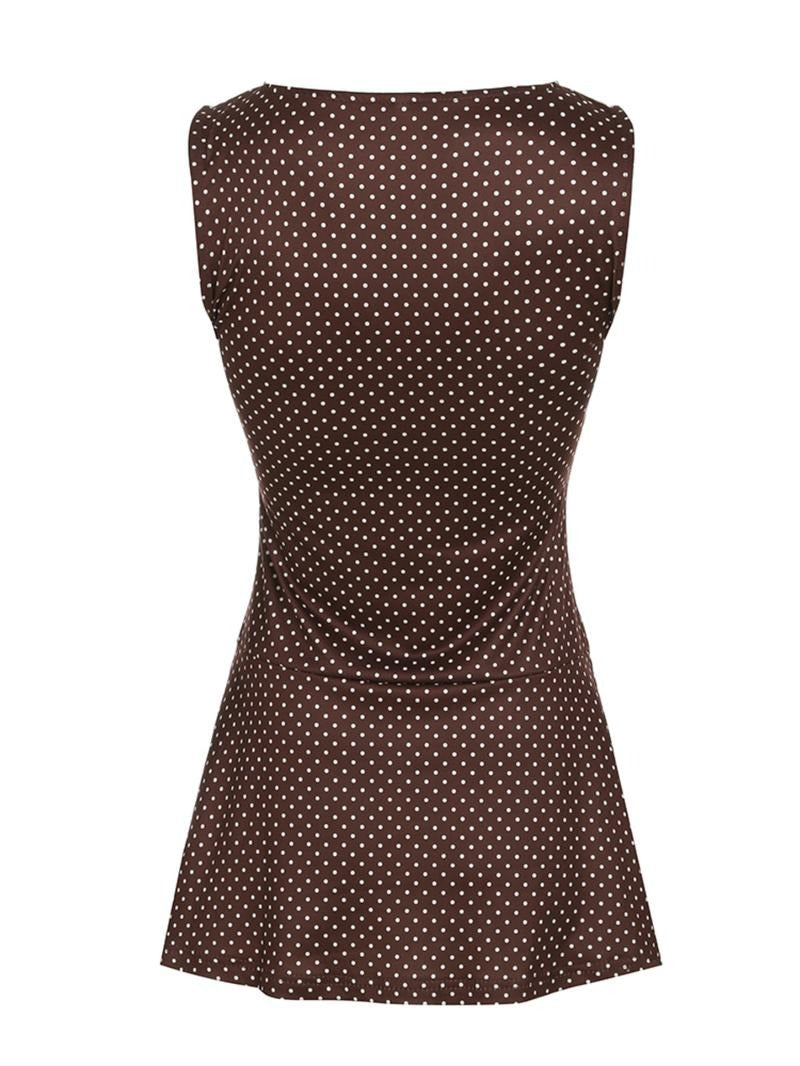 Stylish brown polka dot midi dress for women, highlighting its elegant design and flattering fit.