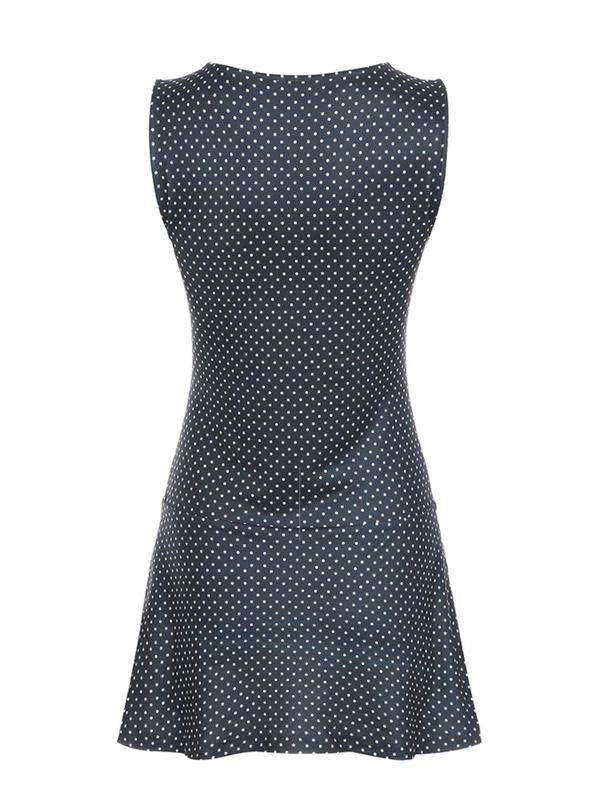 Detail of the neckline and sleeves of an elegant women's polka dot midi dress, showcasing its fashion.