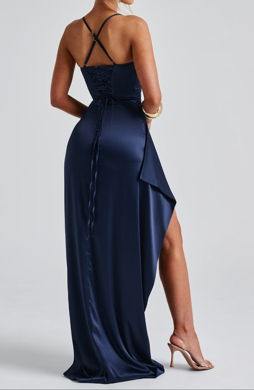 Women's sleek sleeveless maxi dress in navy with a high slit, perfect for summer elegance and resort style.