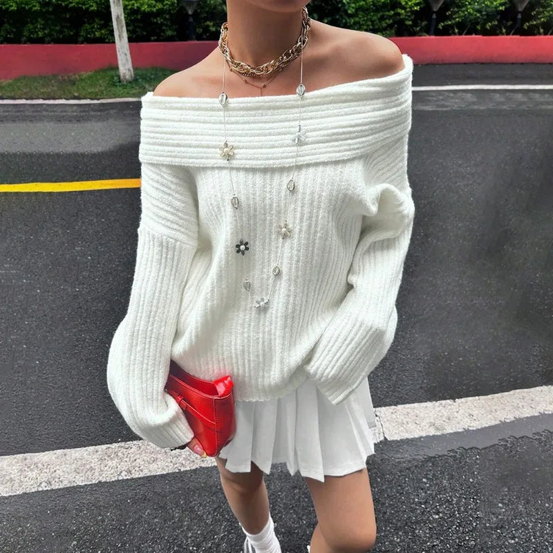 Elegant off-shoulder ribbed knit sweater for women, perfect for a chic casual style