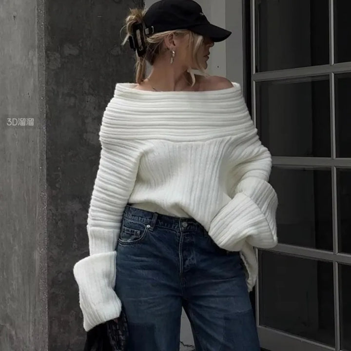 Women's versatile off-shoulder sweater in a cozy ribbed knit design, ideal for autumn fashion