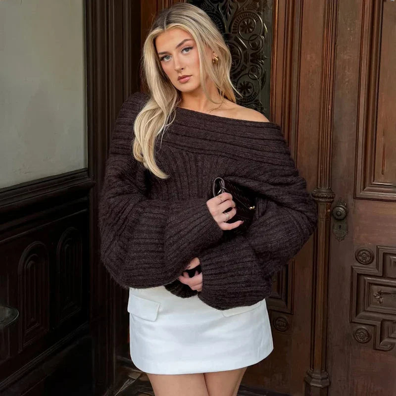 Fashionable off-shoulder ribbed sweater for women, offering a sophisticated and comfortable look
