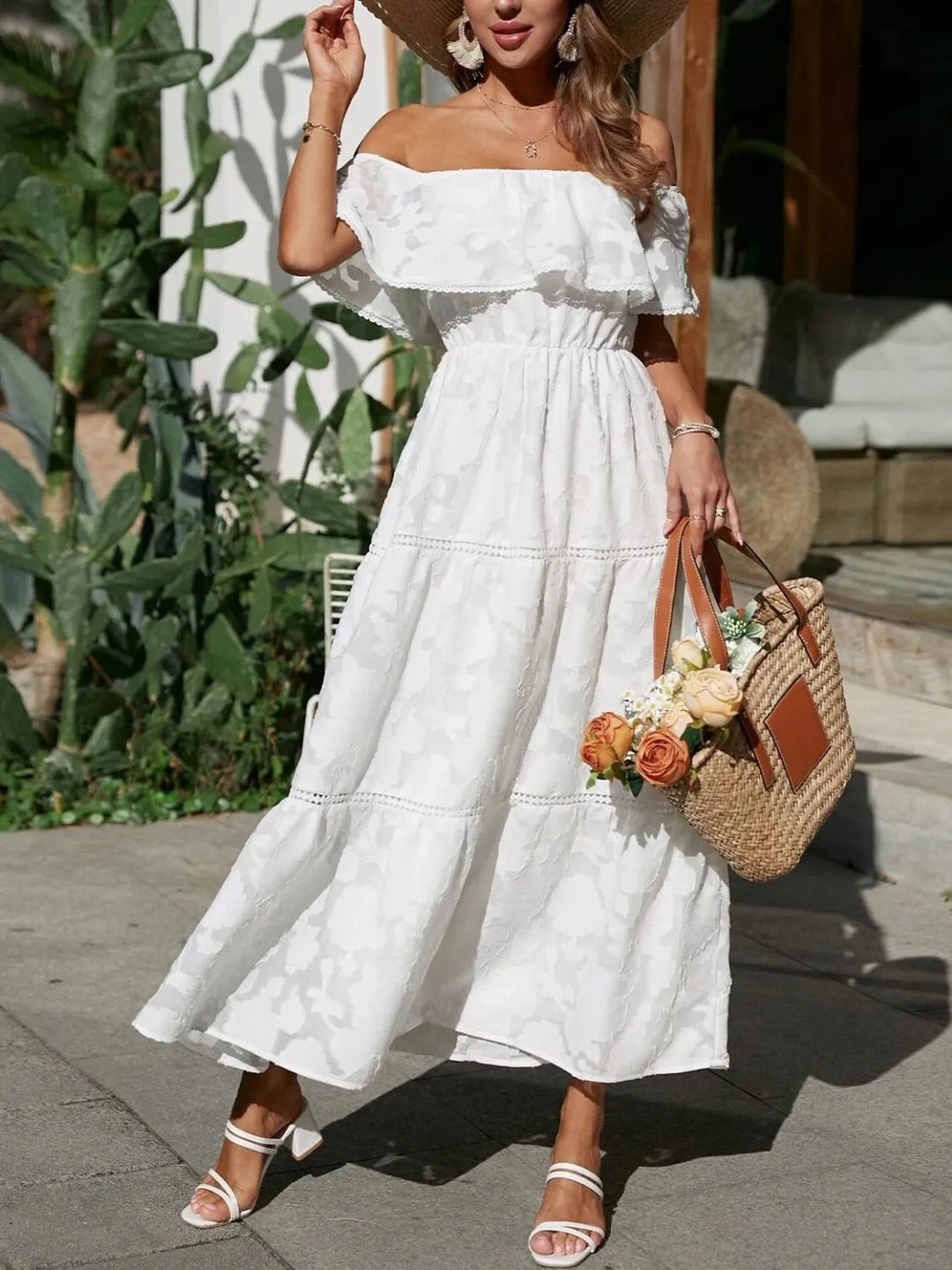 Elegant off-shoulder tiered midi dress for women, perfect for wedding guests & formal events.