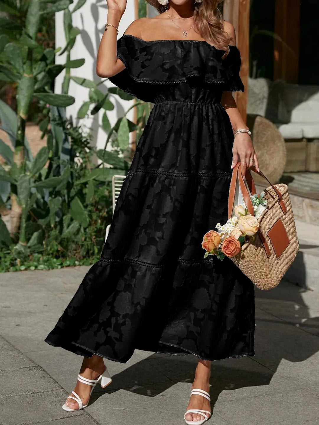 Graceful women's off-shoulder tiered midi dress. A stunning wedding guest option for summer evenings.