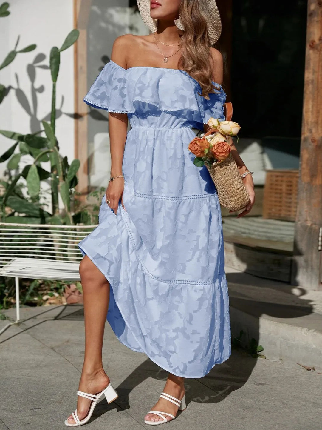 Women's wedding guest off-shoulder tiered midi dress. Perfect for elegant evening wear & events.