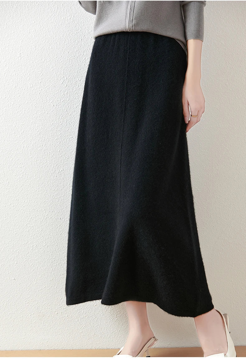 Warm olive merino wool knit maxi skirt, perfect for adding a touch of casual luxury to winter outfits.