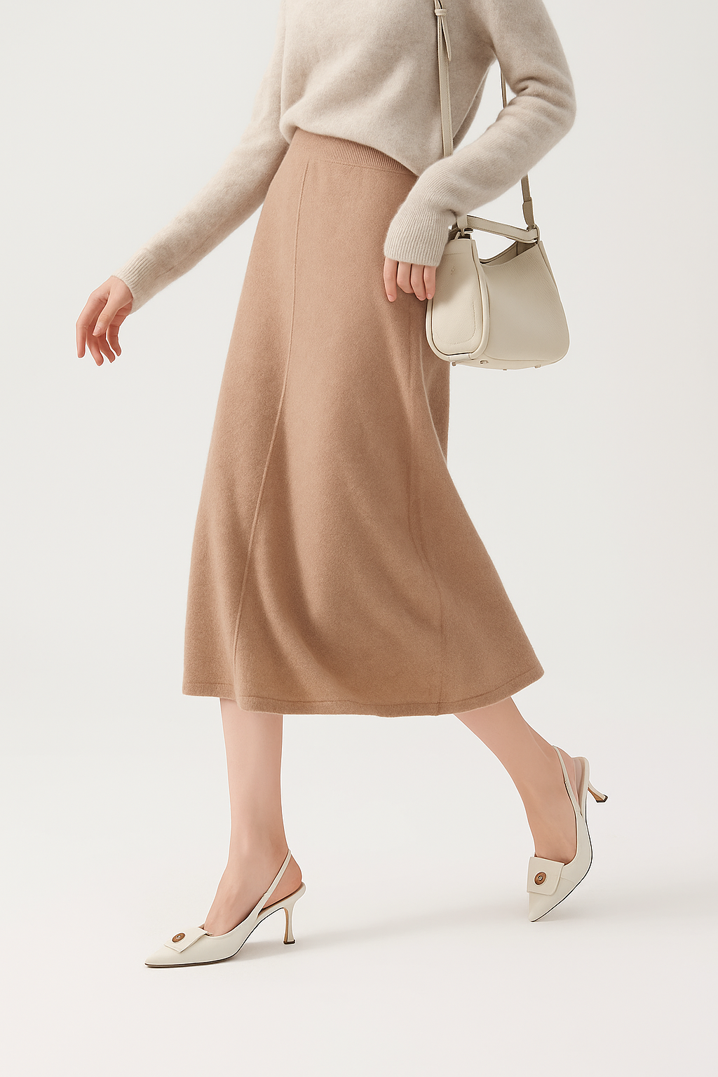 Casual yet chic women's olive merino wool knit maxi skirt, soft texture for a comfortable winter look.