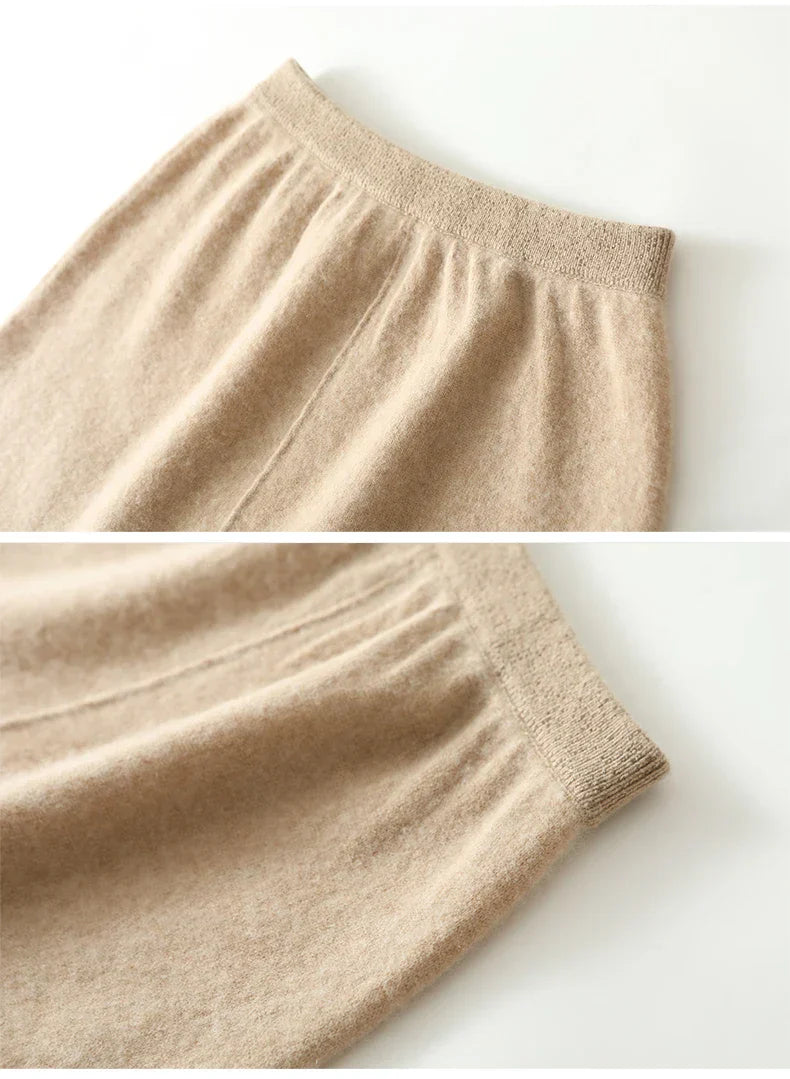 Olive merino wool knit maxi skirt, draped to show the natural curve and flattering shape it provides.