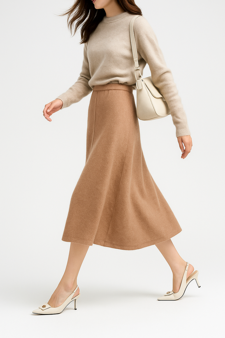 Model wearing an olive merino wool knit maxi skirt, showcasing its elegant fit and casual style.
