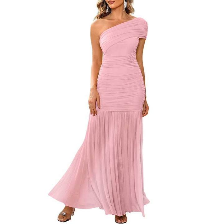 Elegant women's party dress, one-shoulder design with ruched detailing in flowy chiffon fabric