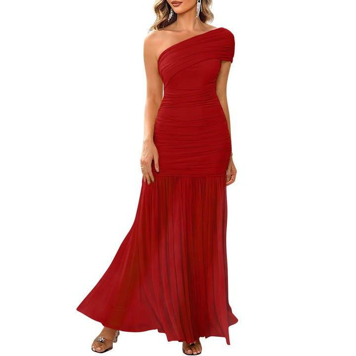 Long chiffon one-shoulder gown for women, an elegant and flattering evening dress option