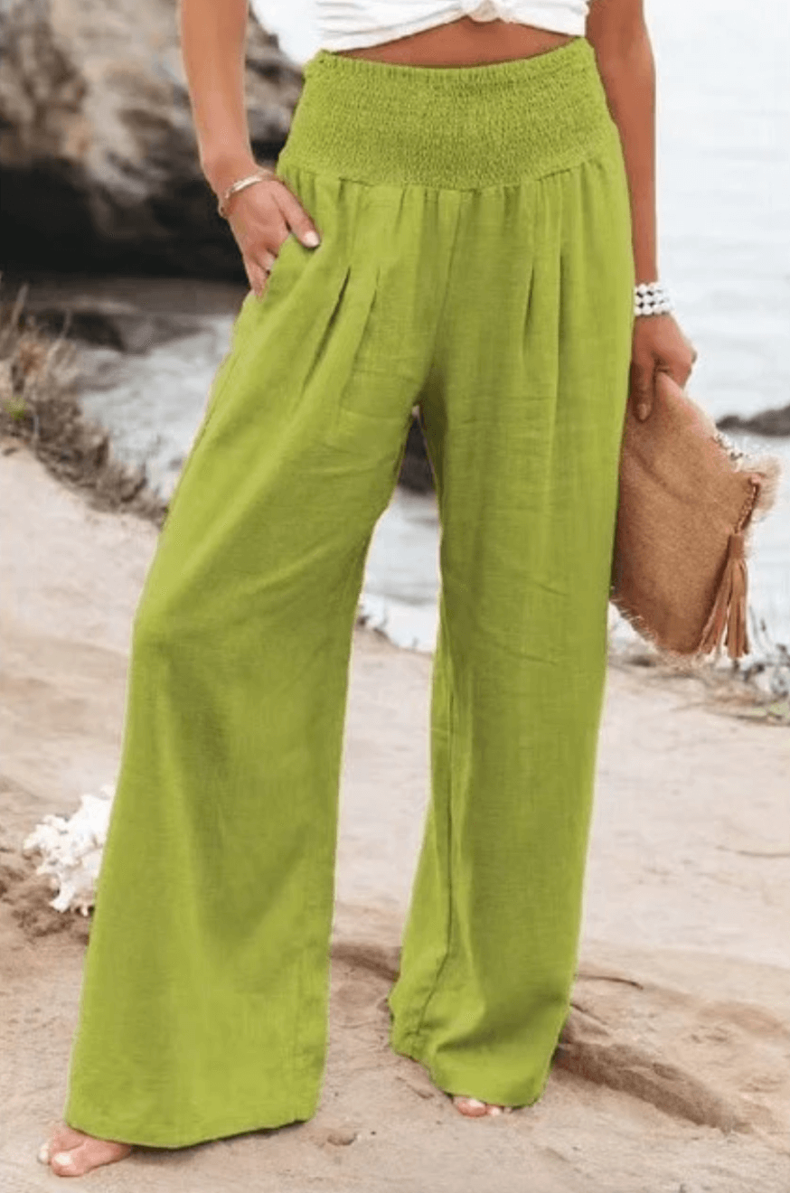 Women's comfortable wide-leg palazzo pants, high-waisted with elegant boho style for summer outfits.