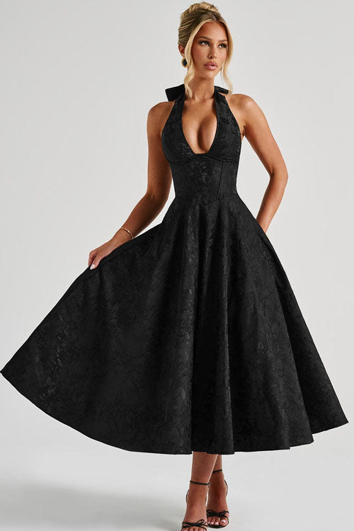 Pink floral wedding guest midi dress, elegant halter & corset.