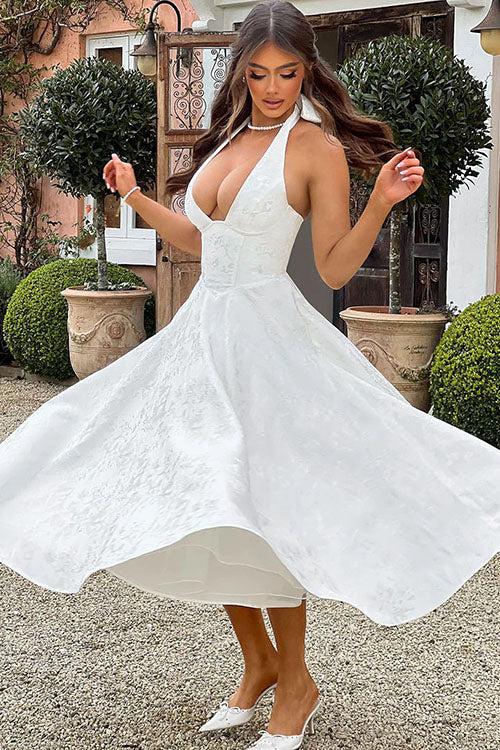 Beautiful white floral midi dress, elegant halter, corset top.
