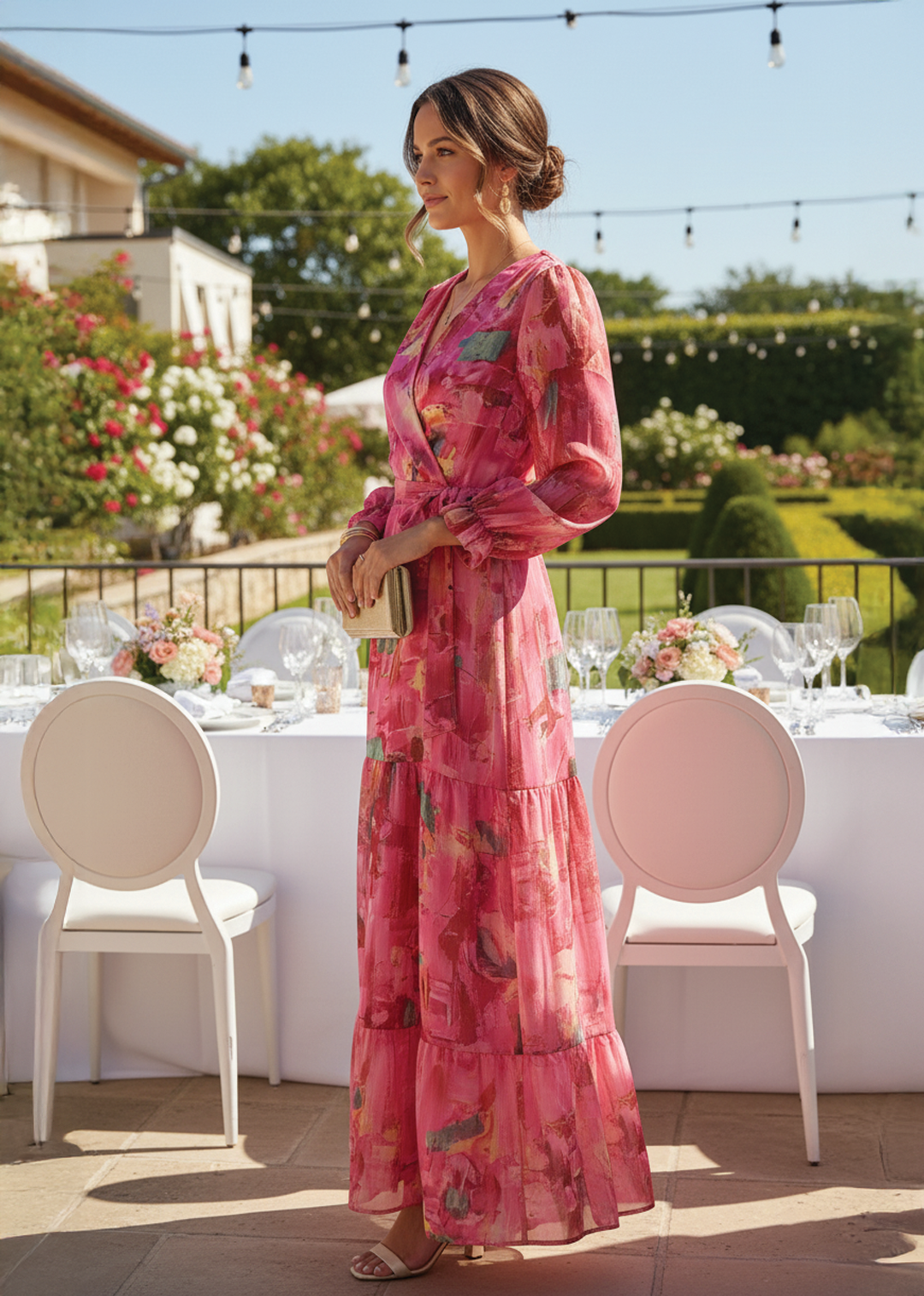Women's pink floral wrap maxi dress with elegant tiered skirt. Ideal long summer or spring dress for parties.