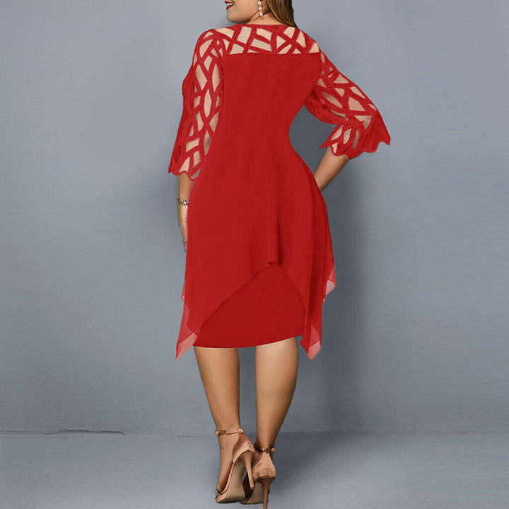 Elegant plus-size lace midi dress with round neckline and lace sleeves; perfect for any occasion.