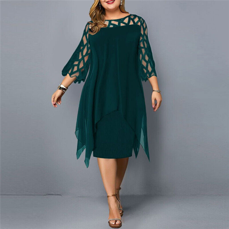 Elegant plus-size lace midi dress with round neckline and lace sleeves; perfect for any occasion.