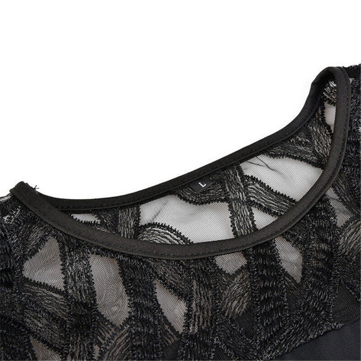 Elegant plus-size lace midi dress with round neckline and lace sleeves; perfect for any occasion.