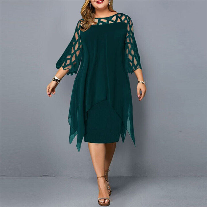 Stylish plus size midi dress with delicate lace sleeves & crew neck, ideal for evening wear.